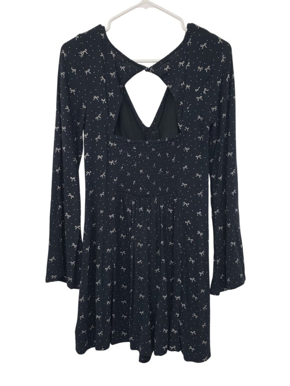 American Eagle Long Bell Sleeve Romper 70s Black White Bow Print Twee Fall Prep - Picture 10 of 13